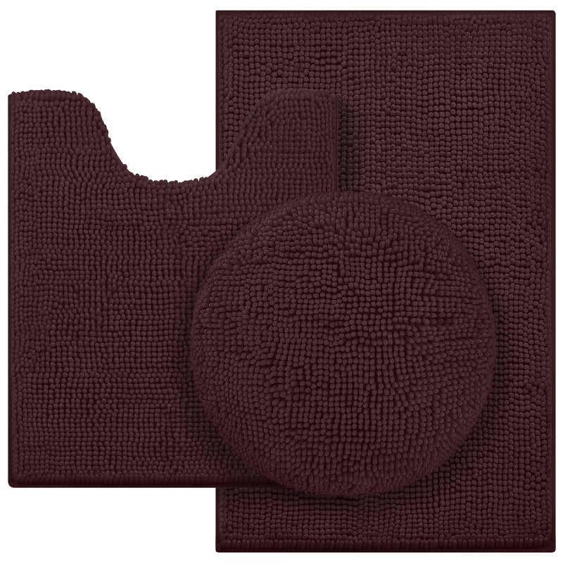 HOMEIDEAS 3 Pieces Brown Bathroom Rugs Set, Ultra Soft Non Slip Bath Rug and Absorbent Chenille Bath Mat, Includes U-Shaped Contour Rug, Bath Mat and Toilet Lid Cover Set Perfect for Bathroom - Image 1